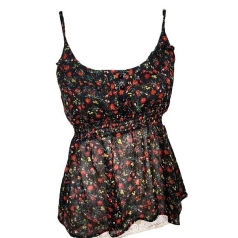 Iris Basic Womens Adjustable Spaghetti Straps Black W/Flowers Shirt Medium